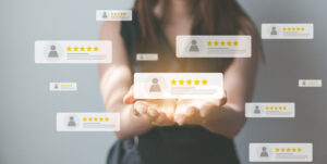 Customer review good rating concept, hand pressing user and five
